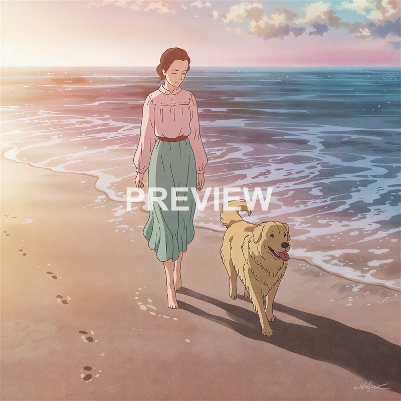 A woman walking barefoot along the beach with a happy golden retriever dog, with gentle waves and a colorful sky in the background.